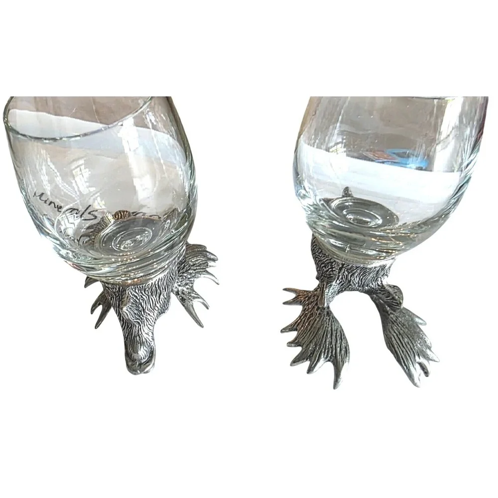 Shot Glass Set Moose Head Pewter Base Cabin Decor Silver Clear